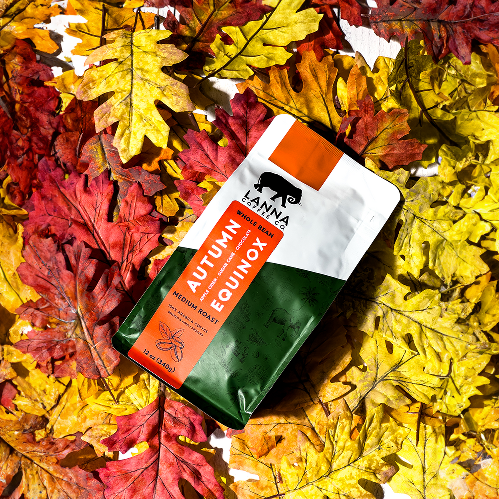 a picture of Lanna Coffee's Autumn Equinox blend resting on a bed of fall leaves