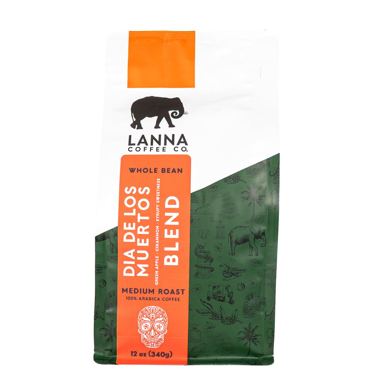 A 12 oz bag of Lanna Coffee Co. Dia de los Muertos Blend medium roast whole bean coffee, featuring a white and dark green design with prominent orange panels and a black bear logo.