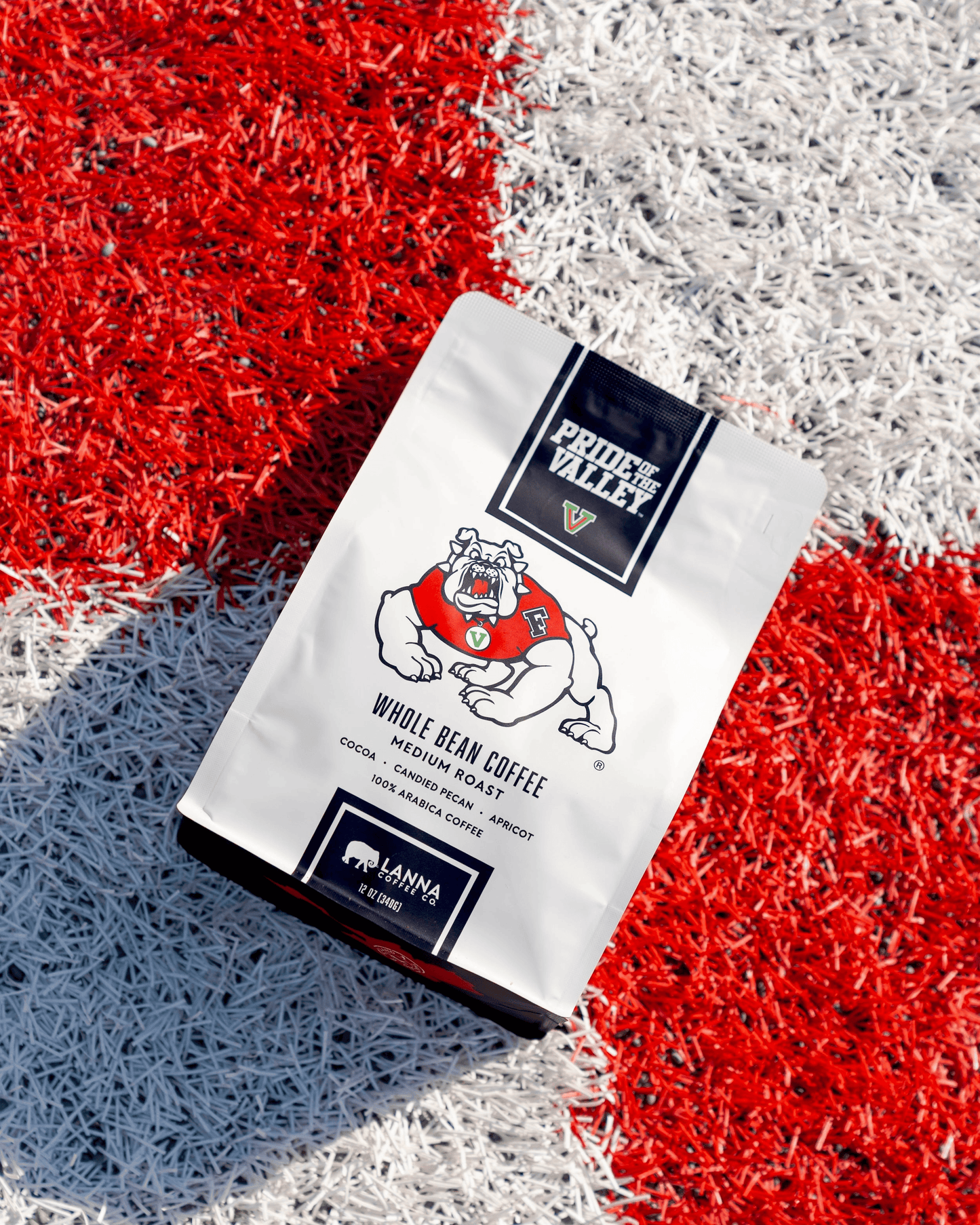 Coffee package with a bulldog illustration on a textured red and white background